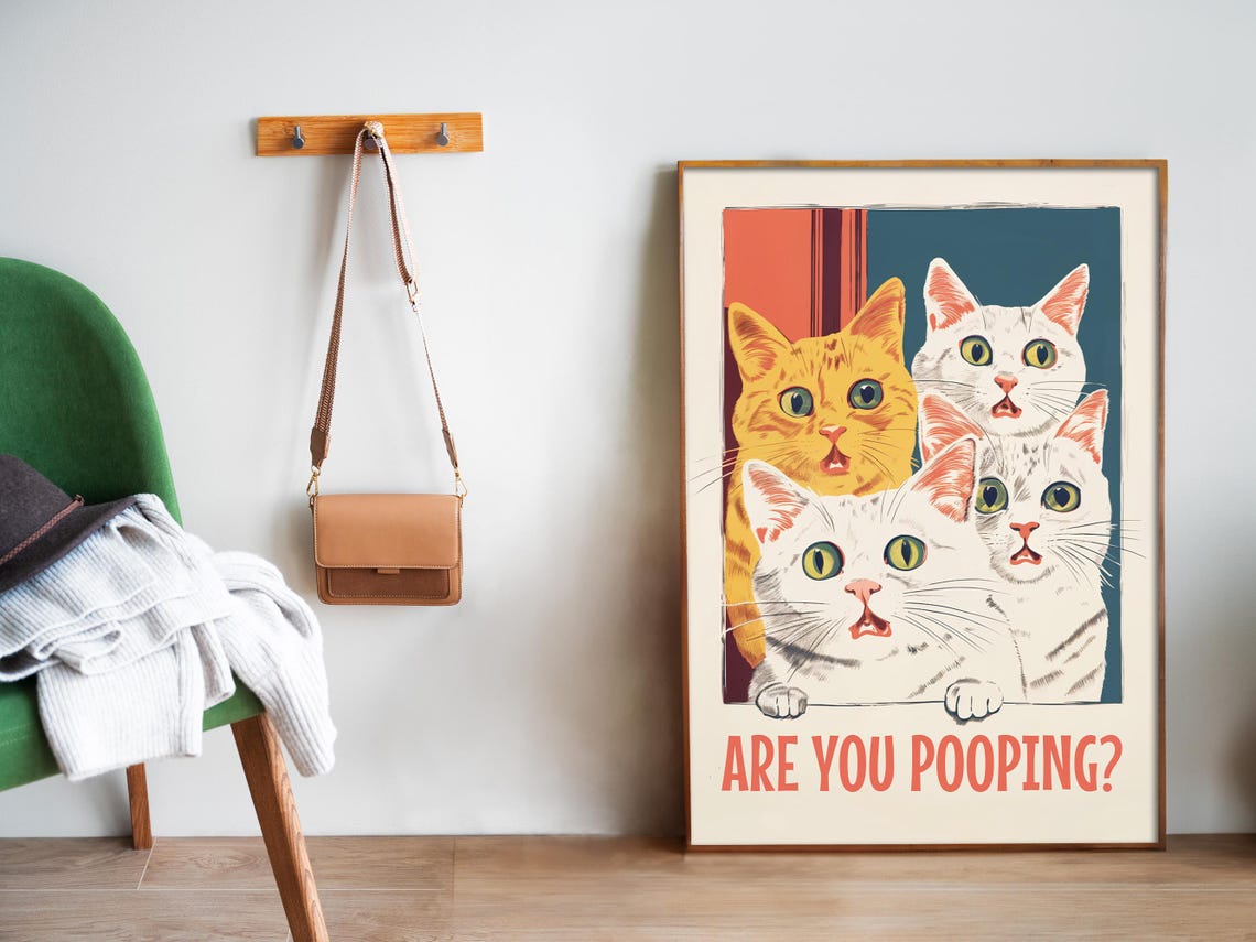 Are You Pooping Surprised Cats Peeking Funny Bathroom Poster - Image 5