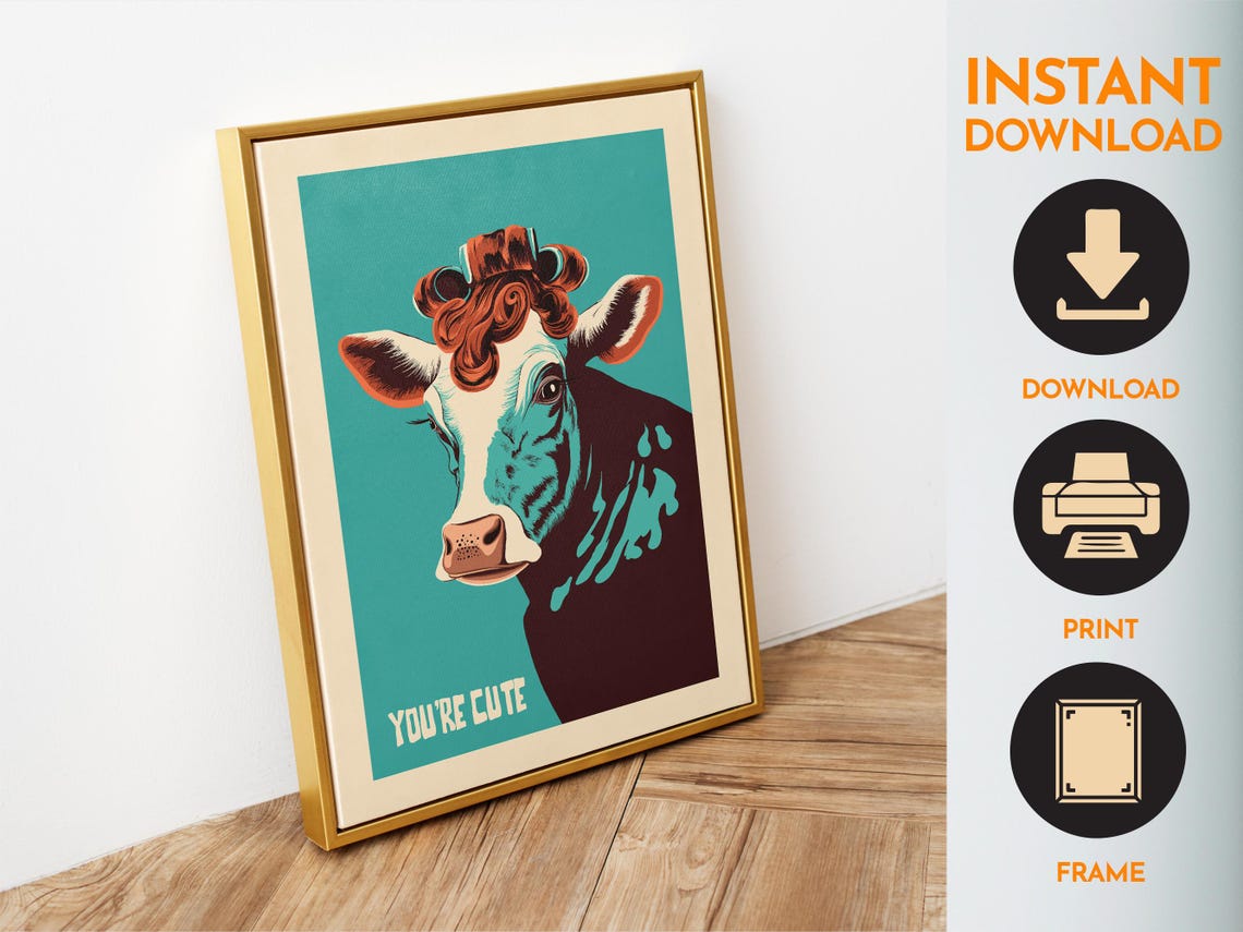 You're Cute Funny Cow Portrait Curly Hair Bathroom Art Poster - Image 6