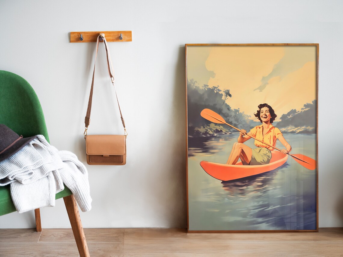 Sunset Kayak Retro Woman Paddling River Vintage Outdoor Adventure Poster - Image 5