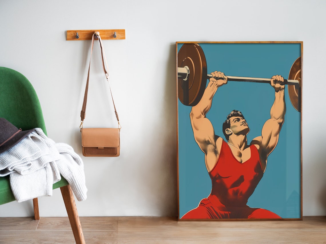 Weightlifter Lifting Barbell Overhead Vintage Strongman Art Poster - Image 5