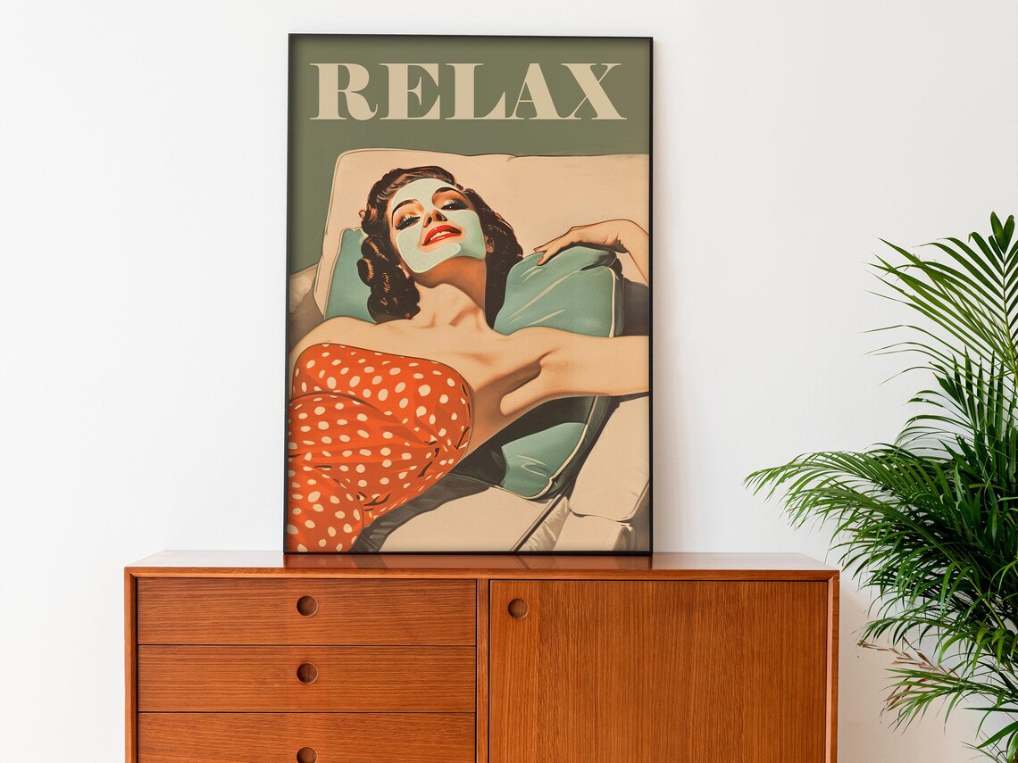 Relax Retro Housewife Face Mask Spa Day Beauty Salon Vintage Wall Poster - Image 4
