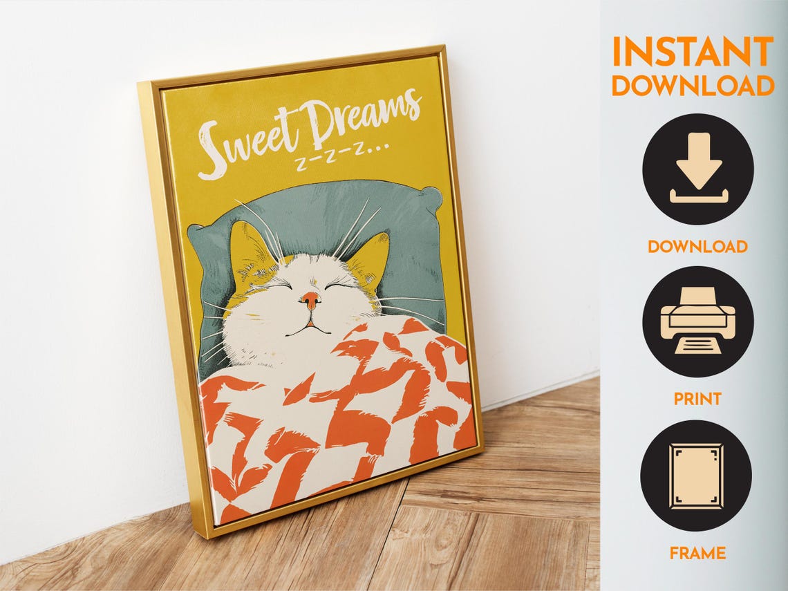 Sweet Dreams Sleepy White Cat In Bed Yellow Retro Bedroom Poster - Image 6