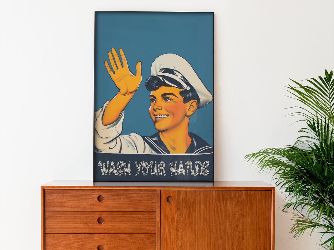 Wash Your Hands Smiling Sailor Retro Bathroom Humor Sign Poster - Image 2