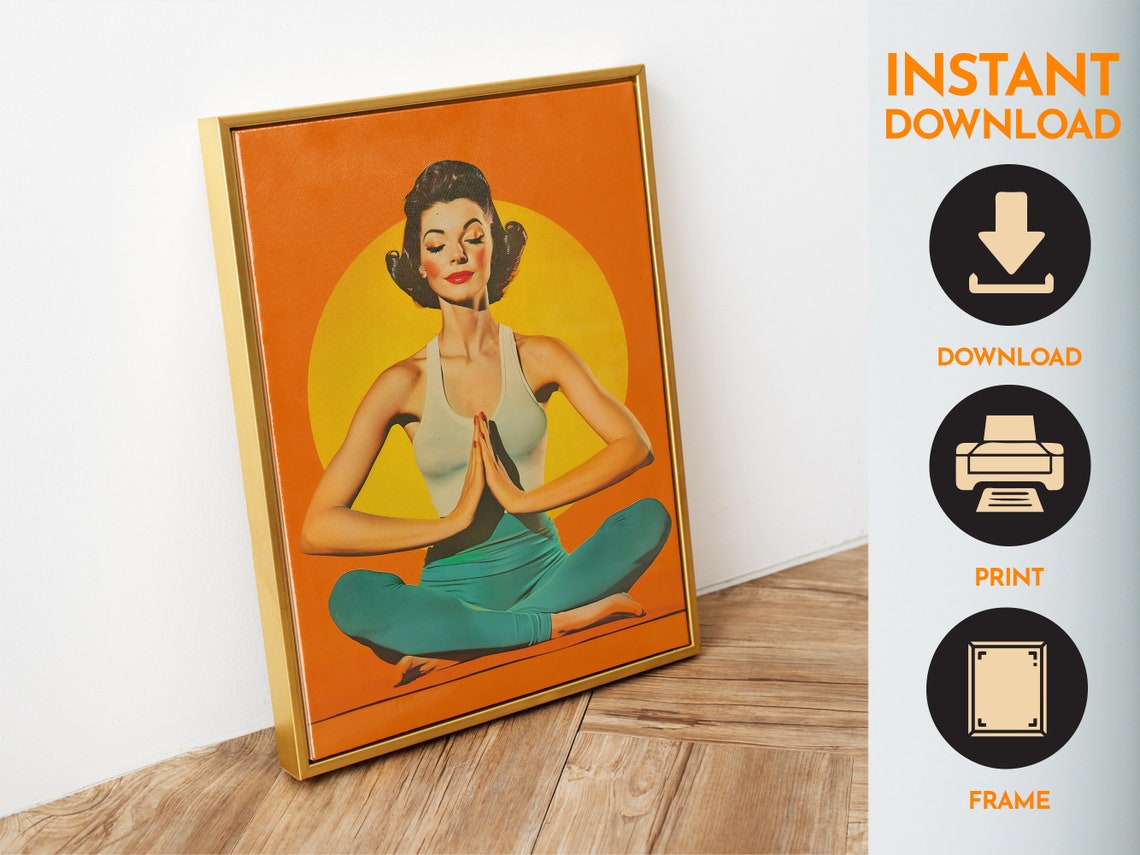 Meditating Girl 70s Print Yoga Girl Art Print Orange Yoga Room Gift For Yoga Lover Meditation Print Mindfulness Wall Art - Image 4