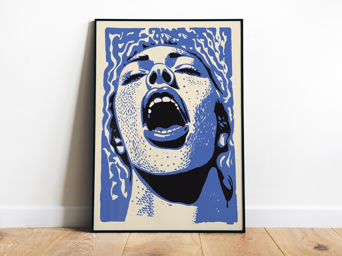 Dreamy Blue Swimmer Abstract Line Art Woman Underwater Poster