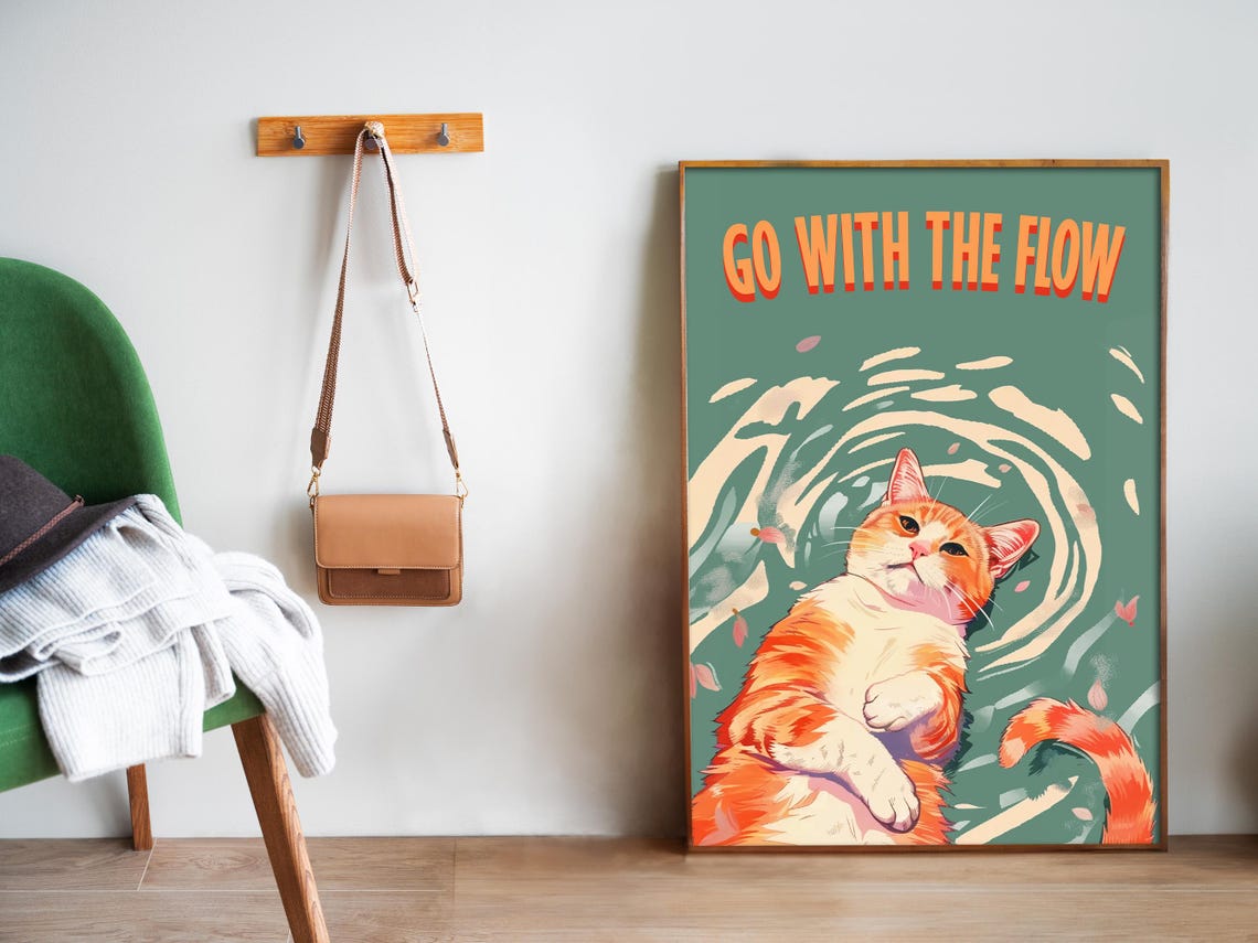 Go With The Flow Floating Orange Tabby Cat Swirls Teal Zen Poster - Image 5