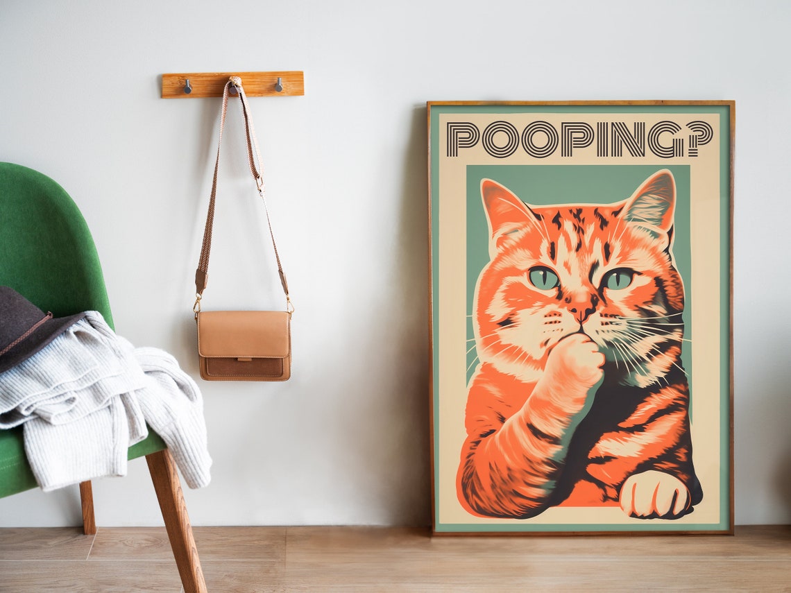 Pooping Funny Orange Tabby Cat Thinking Pose Retro Teal Frame Poster - Image 5