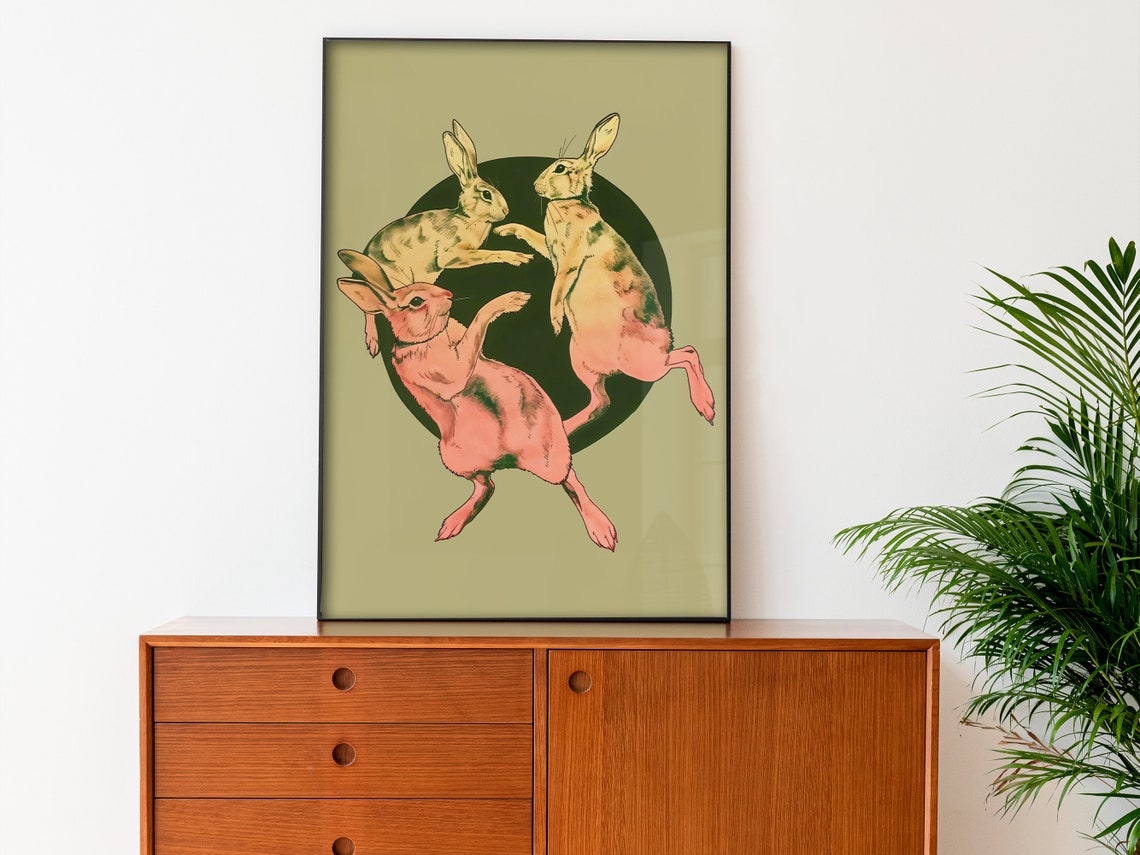 Dancing Hares Trio Sage Green Retro Rabbits Circle Vintage Art Poster - Image 3