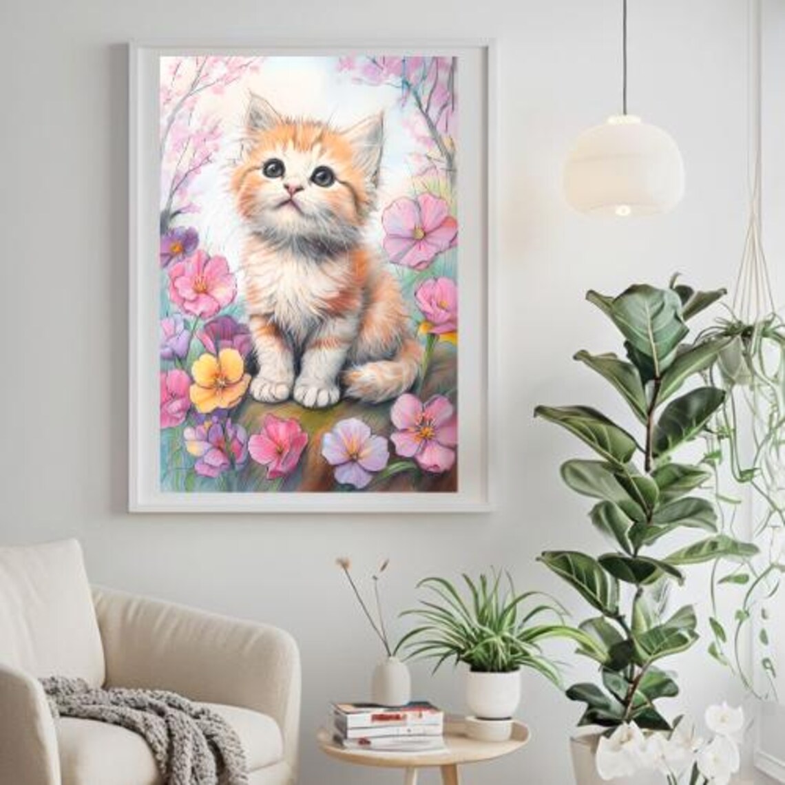 Cute Orange Kitten Surrounded by Pink Flowers Watercolor Art Poster - Image 3