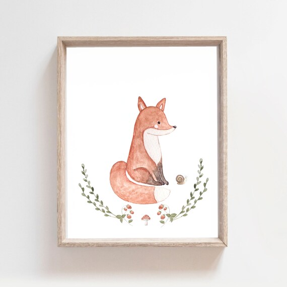 Sitting Red Fox With Eucalyptus Leaf Wreath Woodland Watercolor Nursery Poster
