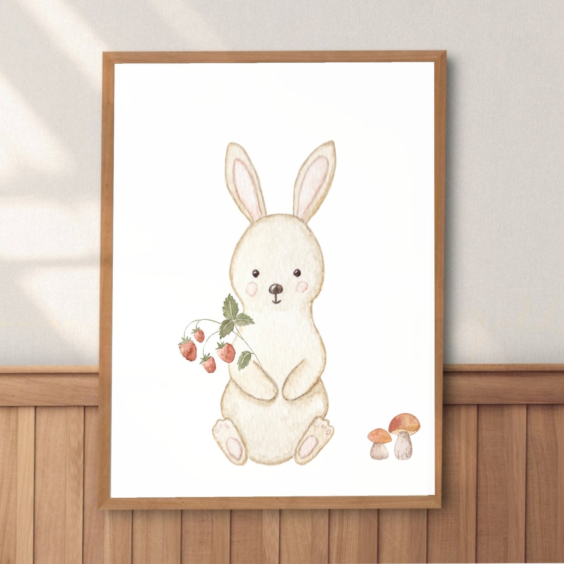 Bunny Holding Strawberry Branch With Little Mushrooms Nursery Poster - Image 2