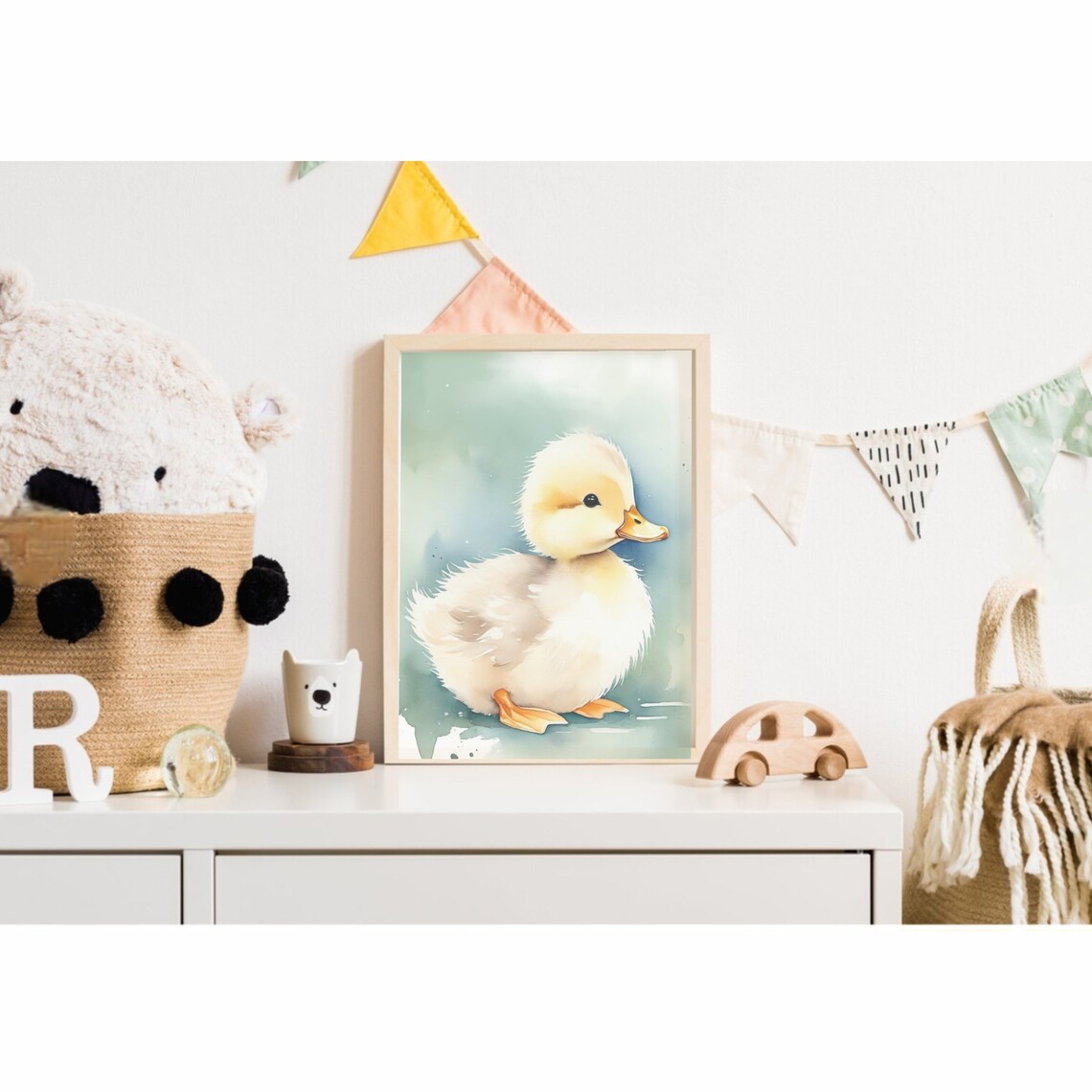 Baby Duckling Sitting Watercolor Soft Teal Background Wall Poster - Image 2
