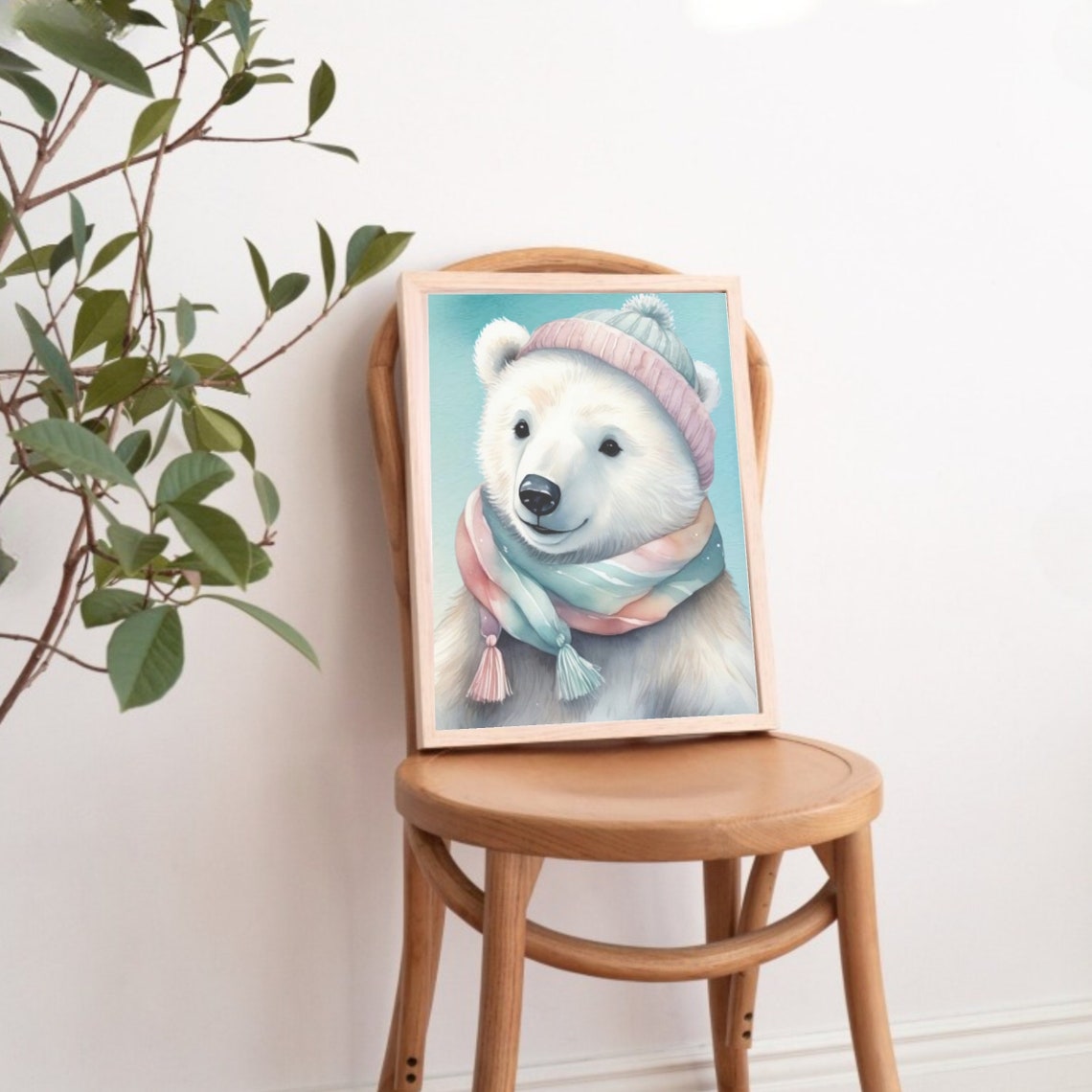 Polar Bear With Winter Hat and Scarf Watercolor Nursery Poster - Image 2