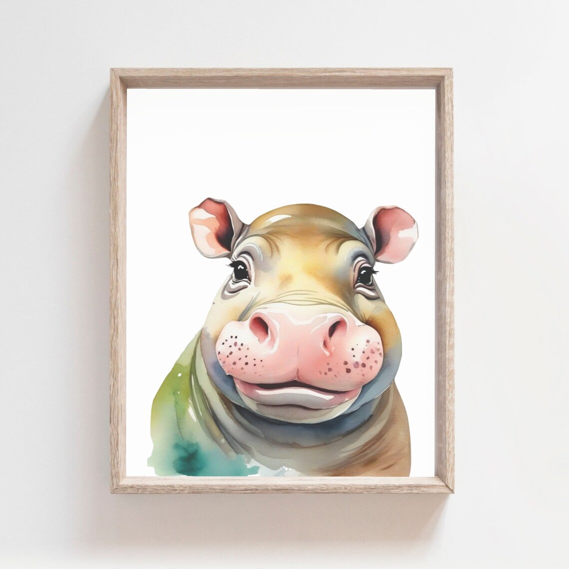 Cute Happy Baby Hippo Watercolor Smiling Safari Nursery Poster