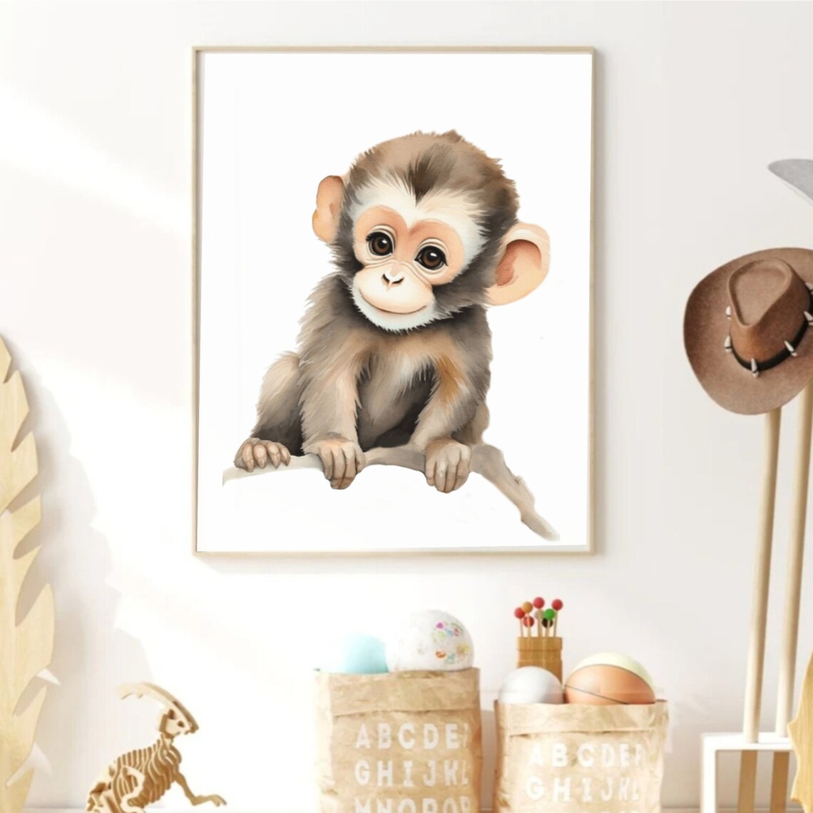Adorable Baby Monkey Sitting On Branch Watercolor Art Poster - Image 2