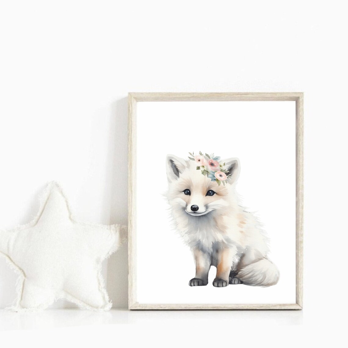 Sweet White Fox Baby Flower Crown Watercolor Nursery Art Poster - Image 2
