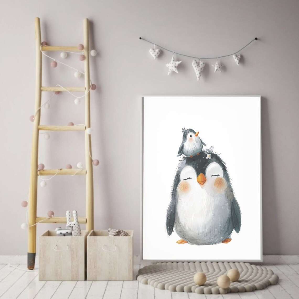 Fluffy Penguin With Baby Bird On Head Watercolor Arctic Nursery Kids Poster - Image 2