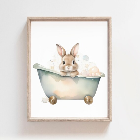 Adorable Baby Bunny In Bathtub Watercolor Kids Bathroom Poster