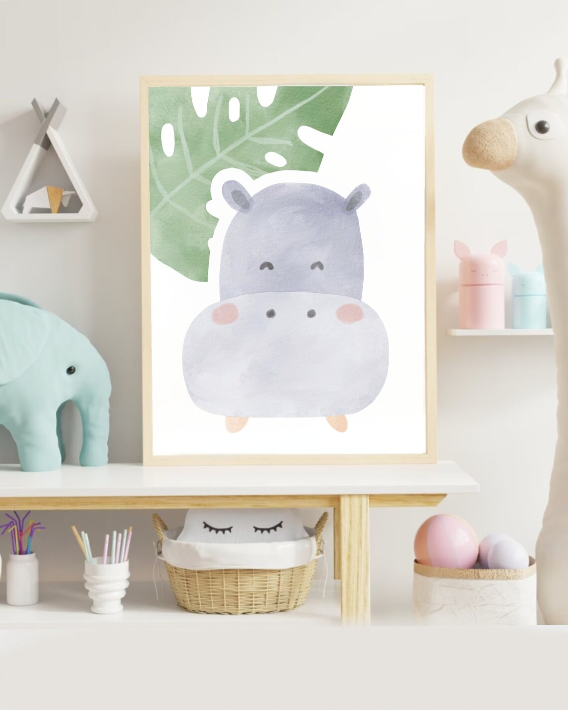 Adorable Baby Hippo Monstera Leaf Watercolor Nursery Art Poster - Image 2