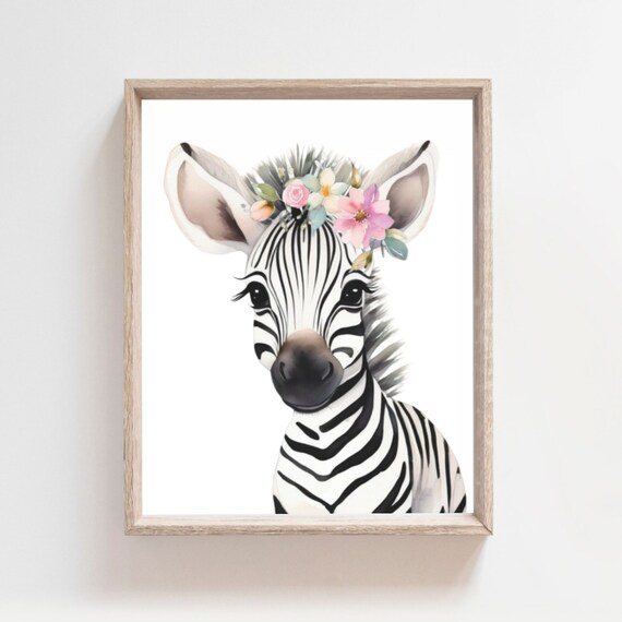 Baby Zebra Flower Crown Watercolor Safari Animal Nursery Poster