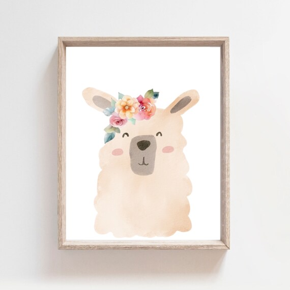 Cute Llama With Flower Crown Watercolor Baby Animal Nursery Girls Room Poster