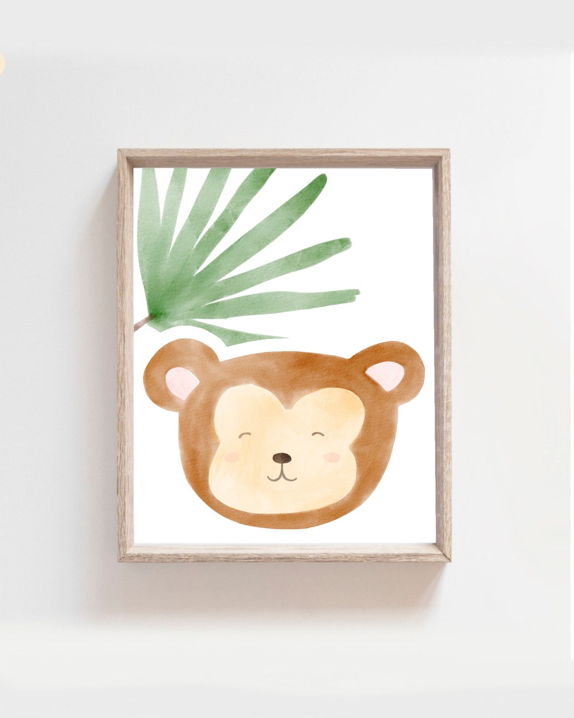 Smiling Monkey Face With Palm Leaf Watercolor Nursery Poster