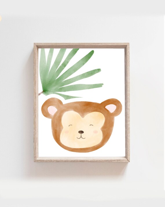 Smiling Monkey Face With Palm Leaf Watercolor Nursery Poster