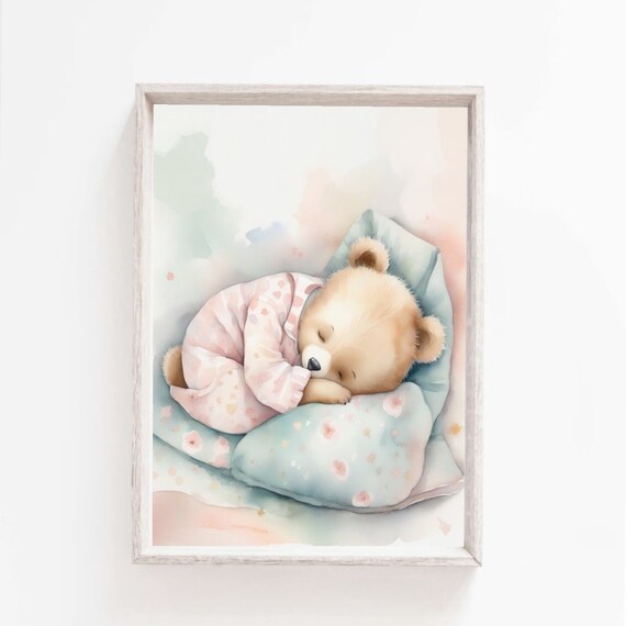Sleeping Teddy Bear in Pajamas Watercolor Nursery Bedtime Poster