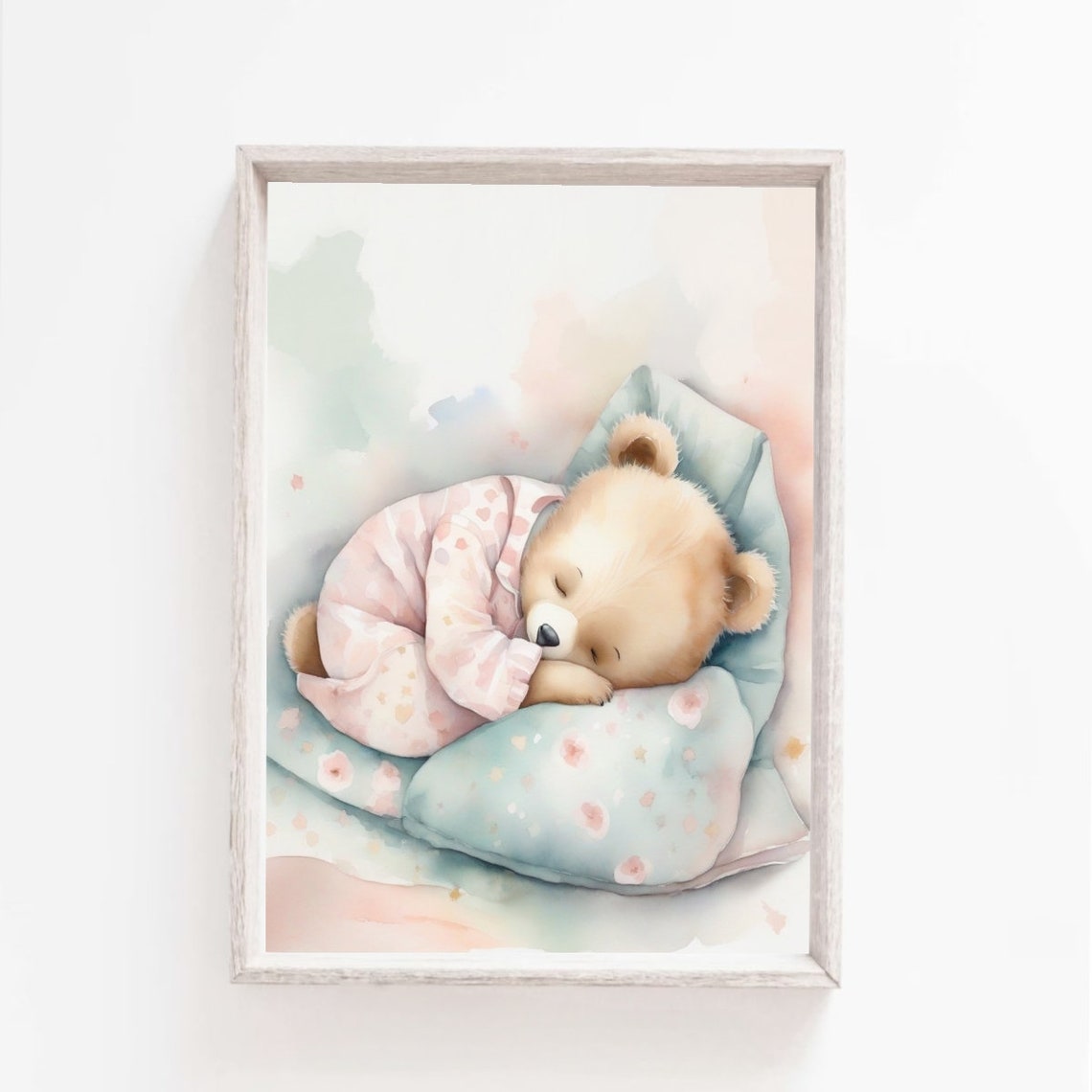 Sleeping Teddy Bear in Pajamas Watercolor Nursery Bedtime Poster