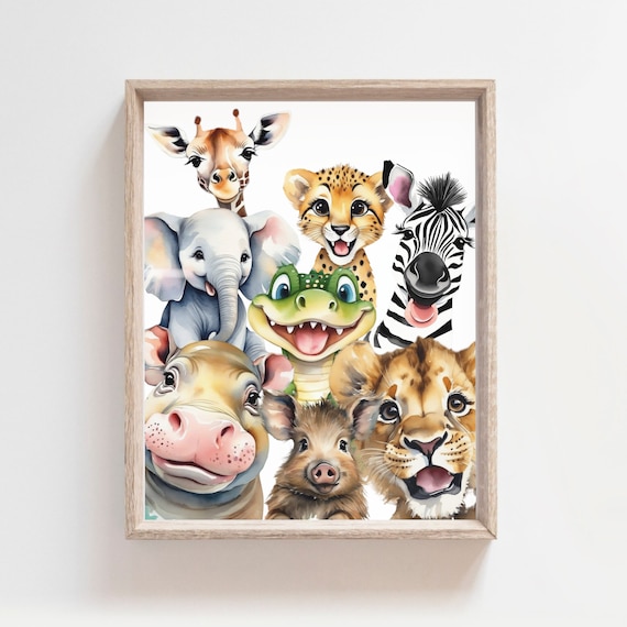 Safari Friends Animal Faces Collage Watercolor Jungle Nursery Kids Room Poster
