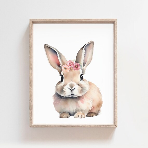 Cute Brown Bunny Rabbit Pink Flower Crown Watercolor Nursery Poster