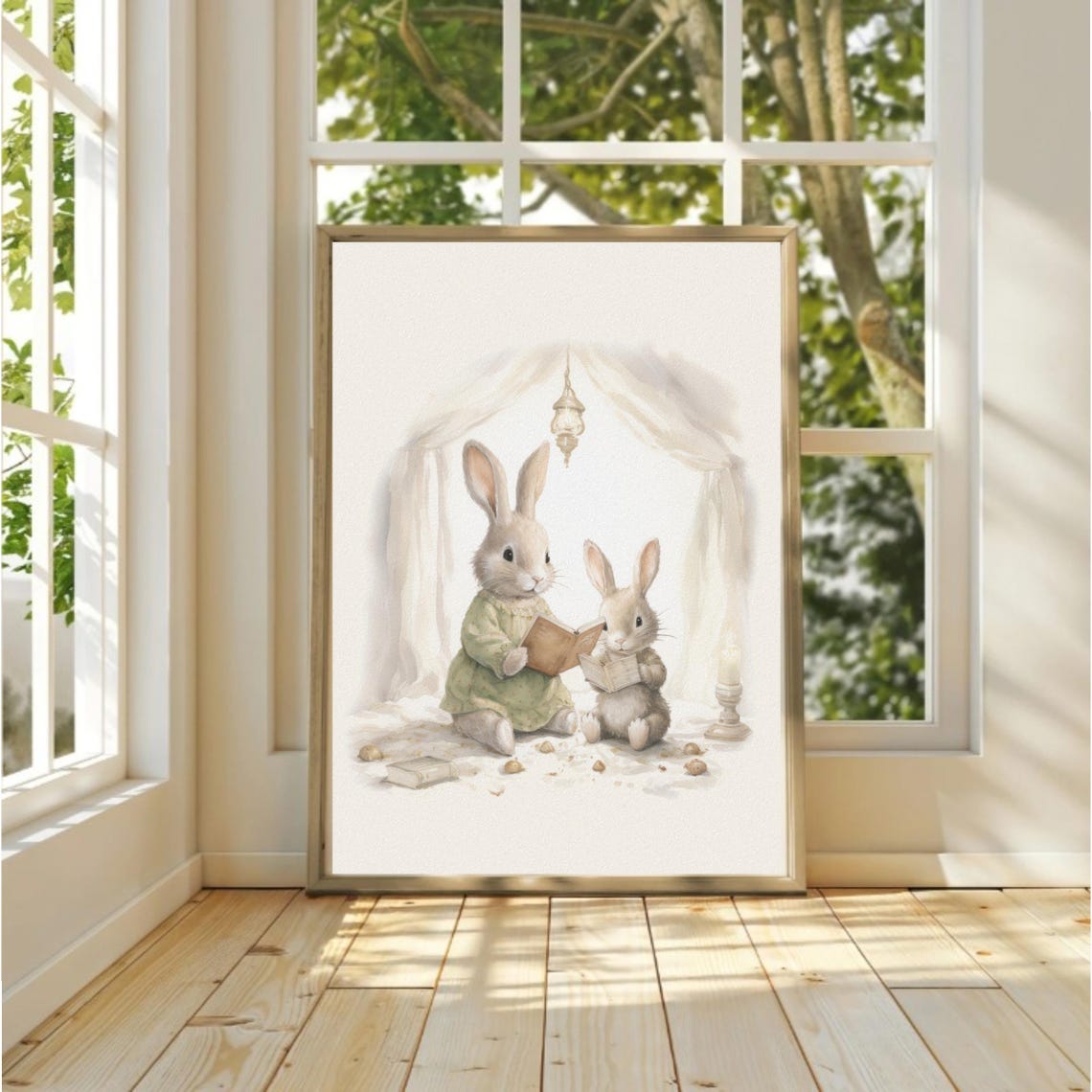 Mama Bunny Reading Bedtime Story To Baby Under Lantern Poster - Image 2