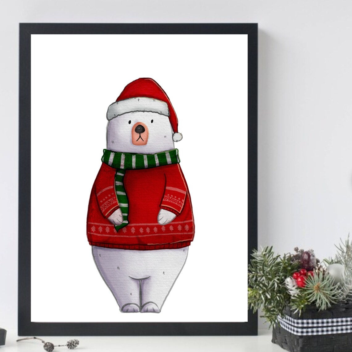 Polar Bear In Red Sweater And Santa Hat Christmas Holiday Poster - Image 2