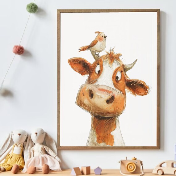 Cartoon Cow Bird Watercolor Funny Farm Animal Kids Room Poster