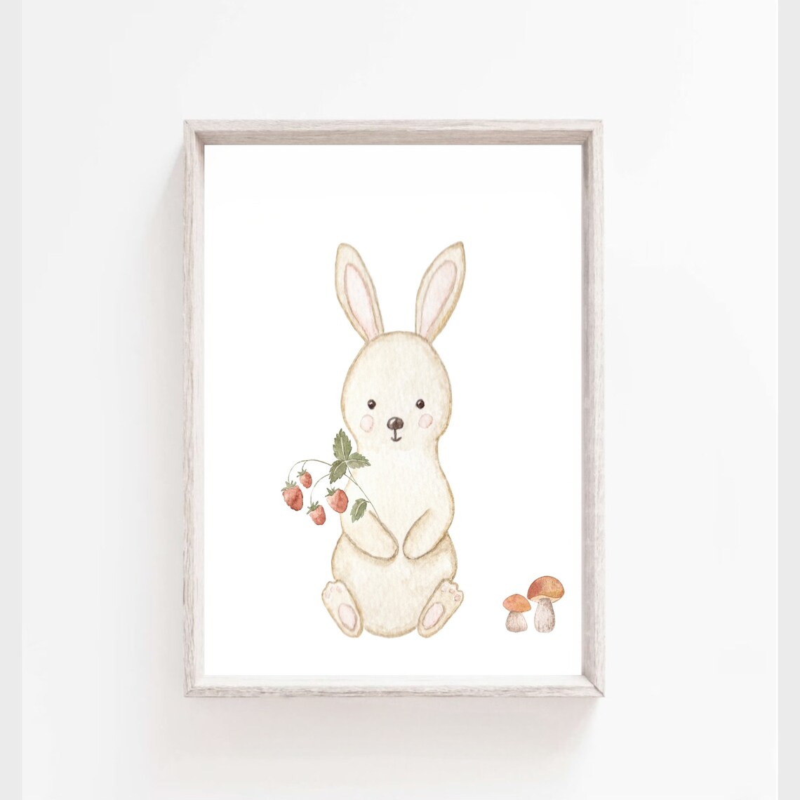 Bunny Holding Strawberry Branch With Little Mushrooms Nursery Poster