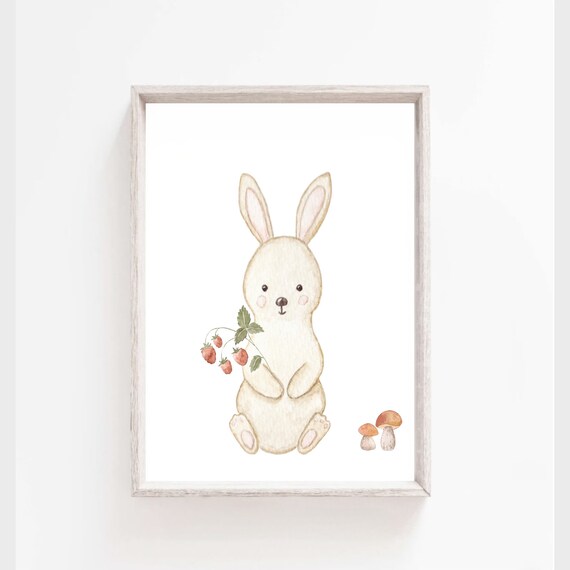 Bunny Holding Strawberry Branch With Little Mushrooms Nursery Poster