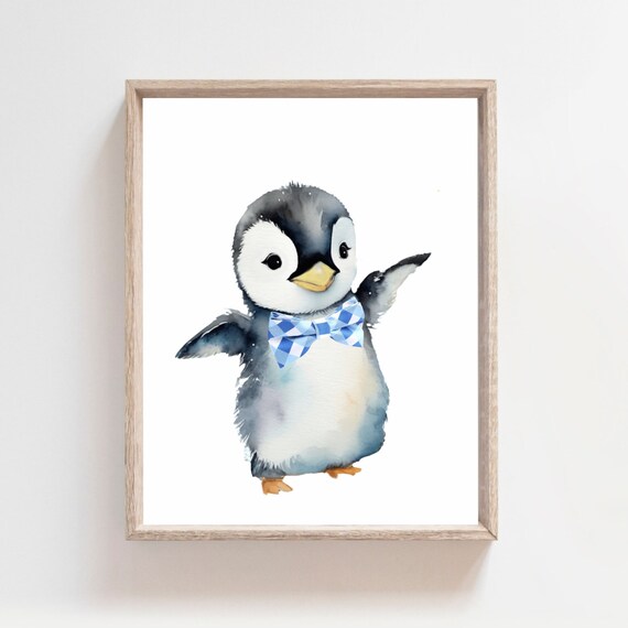 Cute Baby Penguin Blue Bow Tie Watercolor Boys Nursery Room Poster