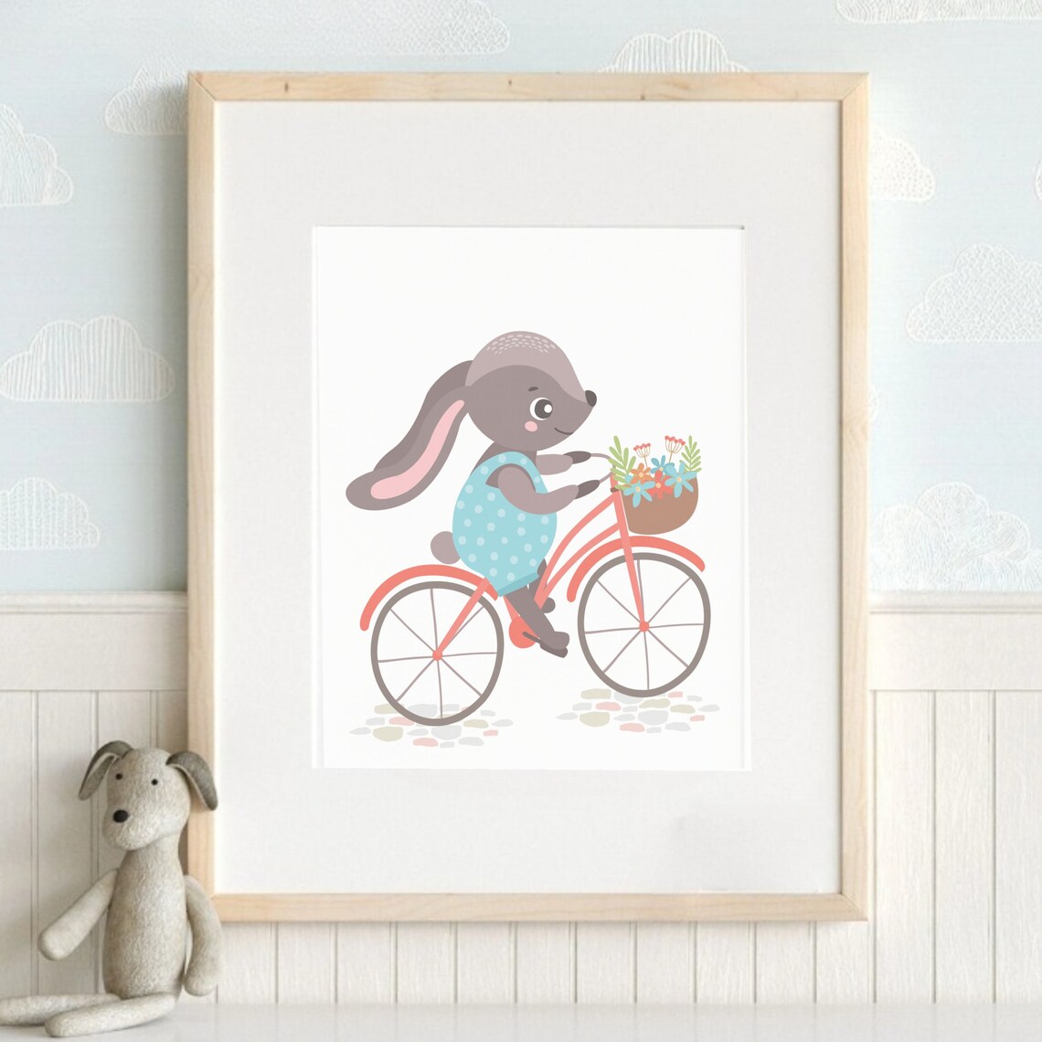 Bunny Riding Coral Bicycle With Flower Basket Cartoon Kids Room Wall Art - Image 2