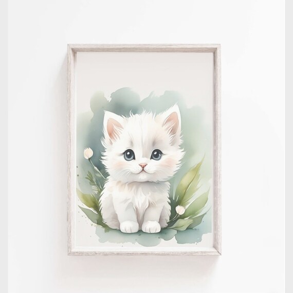 White Kitten Watercolor Portrait Fluffy Baby Cat Nursery Wall Poster