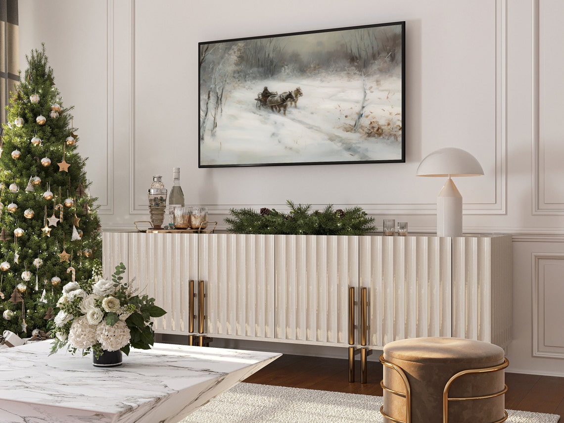Horse Drawn Sleigh in Snow Vintage Winter Landscape Painting Poster - Image 4