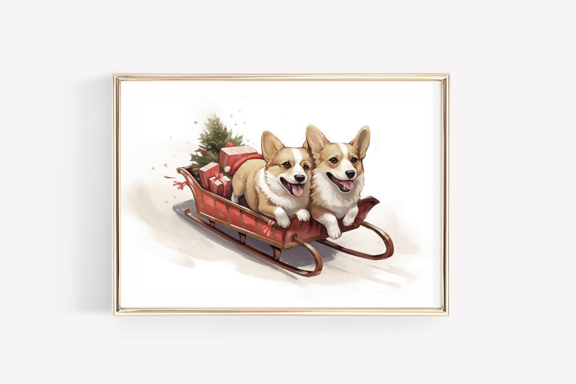 Happy Two Corgis Riding a Christmas Sleigh Watercolor Poster - Image 4