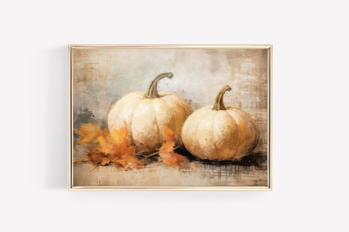 Two White Pumpkins With Fall Leaves Muted Autumn Still Life Poster - Image 2