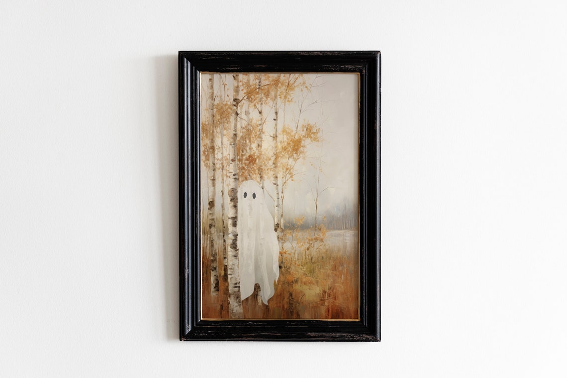 Cute Shy Ghost Hiding Behind Birch Tree Autumn Halloween Poster - Image 3