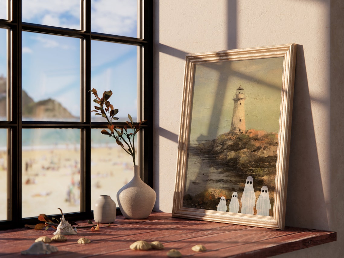 Ghost Friends Lighthouse Rocky Coast Vintage Halloween Wall Art - Image 4