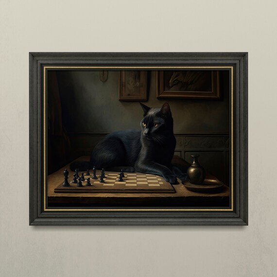 Cat With Chess Dark Academia Print Moody Gothic Wall Art Dark Cottagecore Witchy Decor And Gift Wall Art