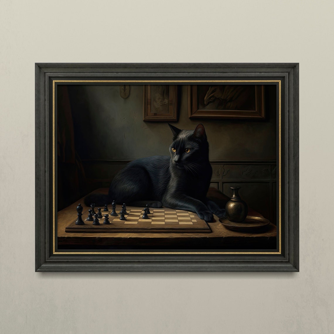 Black Cat Chess Game Moody Dark Academia Oil Painting Poster