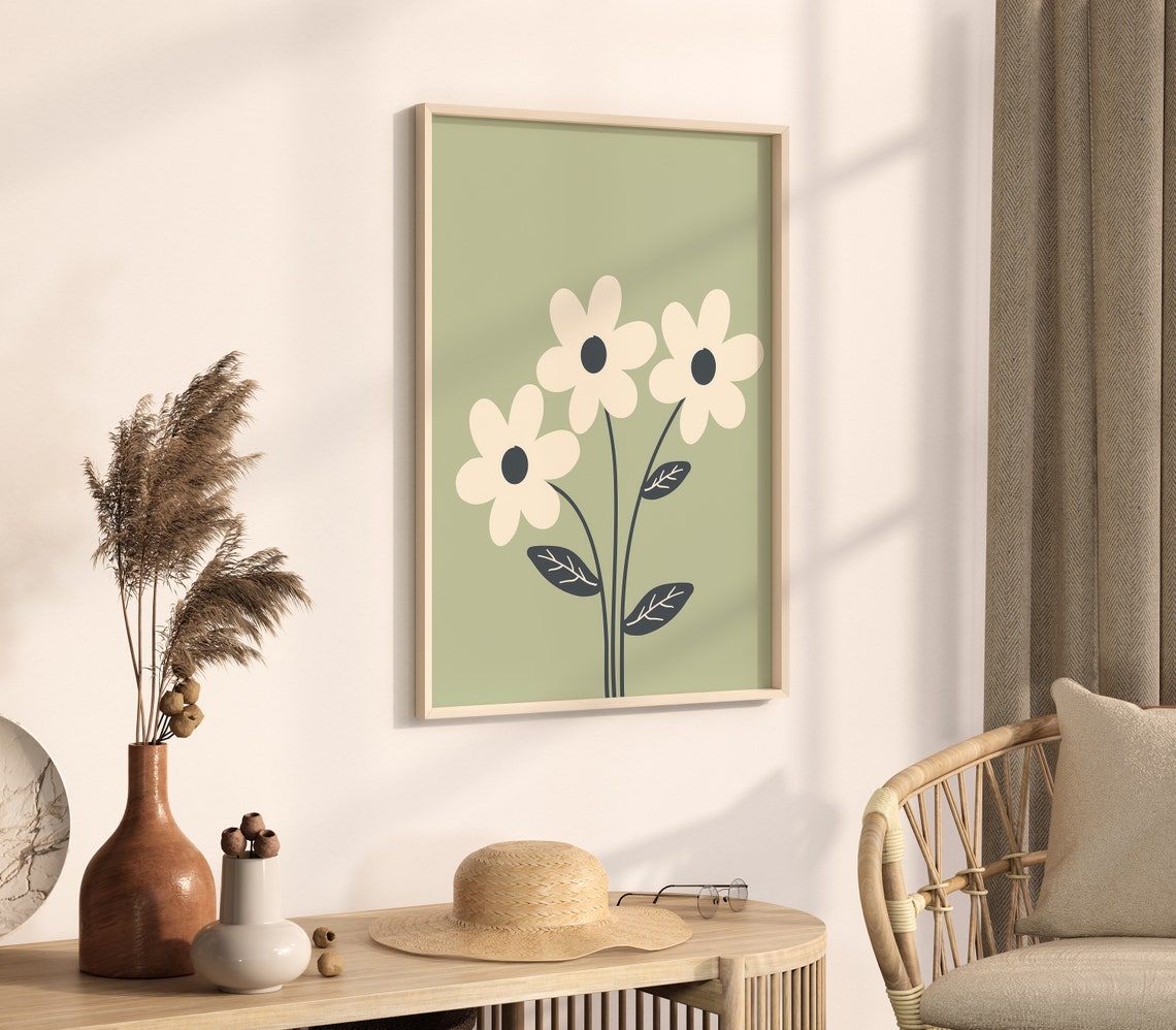 Three Cream Daisies On Sage Green Minimalist Floral Art Poster - Image 2