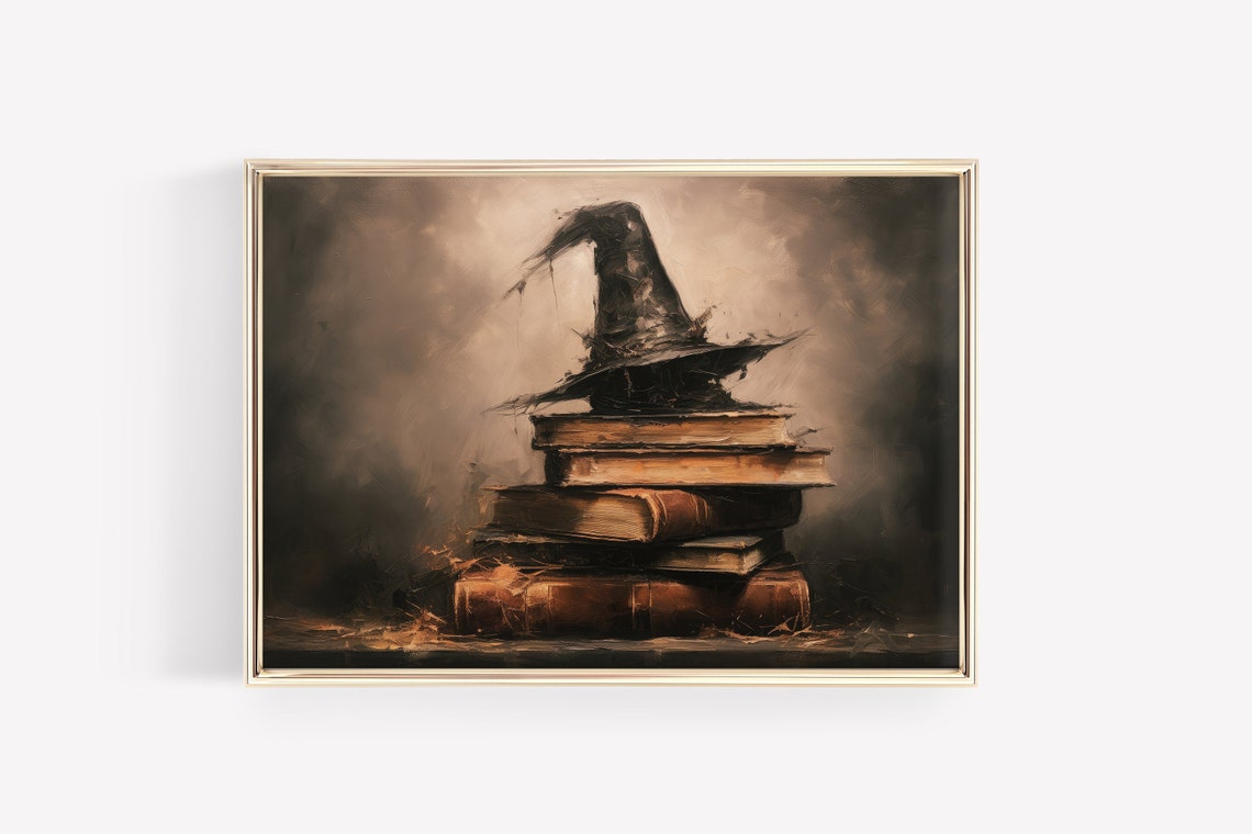 Rustic Witch Hat on Stack of Old Books Dark Halloween Poster - Image 2