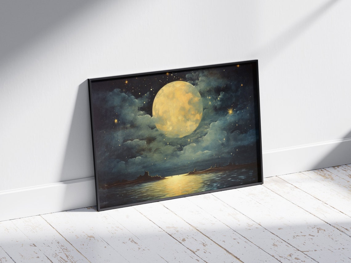 Full Moon Ocean Night Sky Stars Vintage Moonscape Painting Poster - Image 2