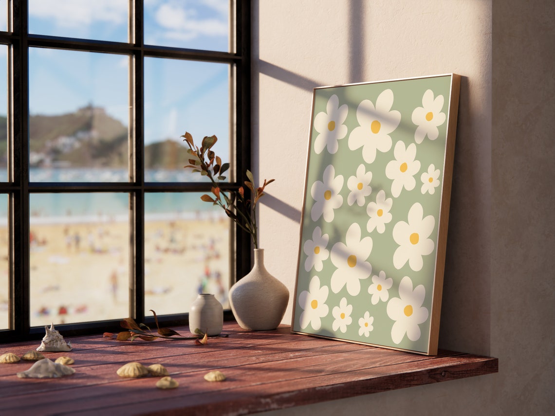 Cream Sage Green Abstract Daisies Pattern Modern Botanical Poster - Image 3